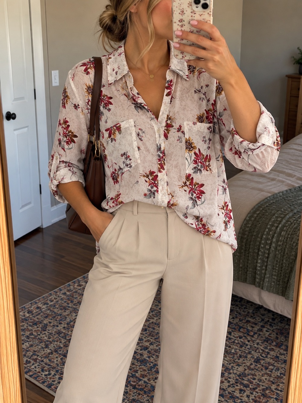 Maurices Cream Button-Down Shirt with Red Floral Print